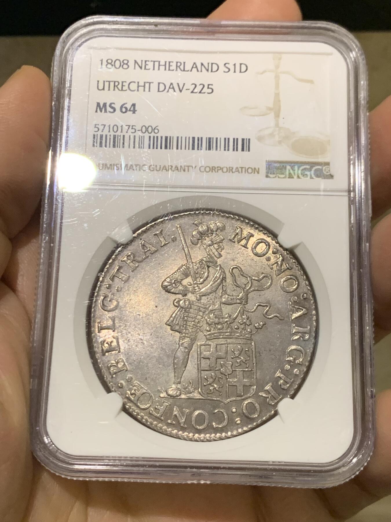 《竞宝斋》第457场 周日，周一，周二   3场连拍 （全场包邮）欢迎送拍 NGC MS64 荷兰 1808年 乌特勒支 1杜卡特 武士银币 打制细腻 值得入藏 2023年17000成交