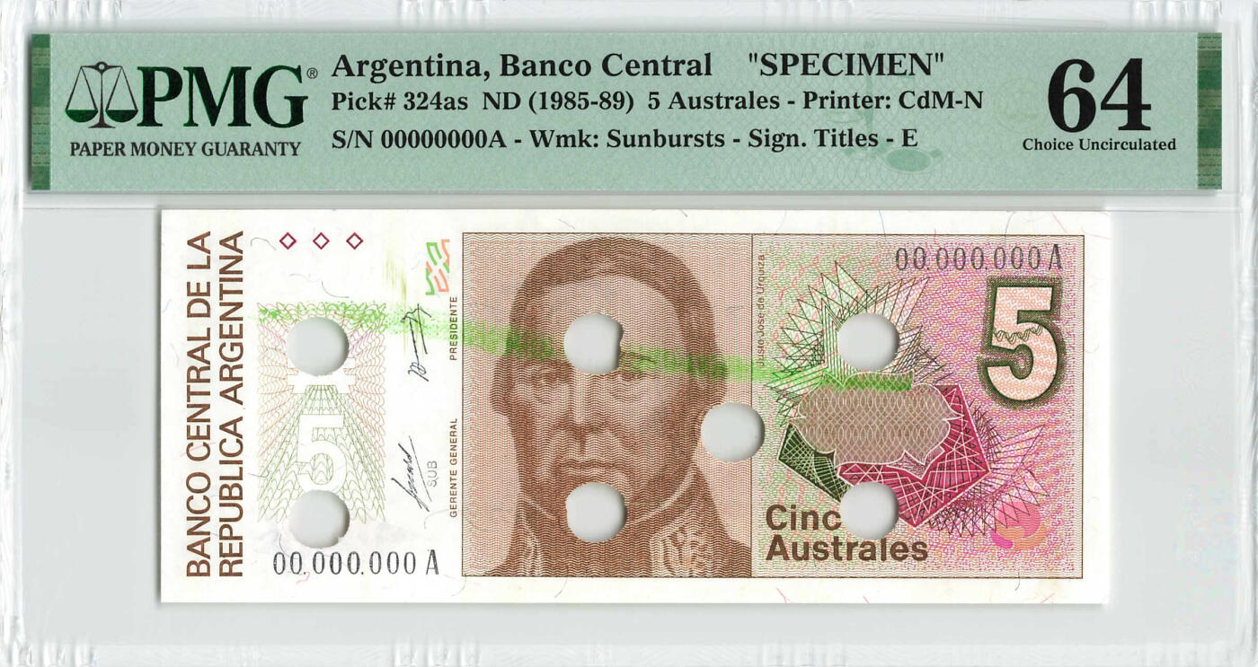 小福收藏拍卖第200期 【庆典场 中拍就有好礼相赠】评级币精选场 本期有捷克斯洛伐克20年100克朗慕夏作品大珍 69分倒置百位号布隆迪世界最大纸币  35年版加拿大经典 苏格兰格拉斯哥大学500年纪念钞倒置小号 卡塔尔80年100里亚尔冠军分 美国教育券 意大利拉斐尔 乌克兰 库克群岛 墨西哥 南斯拉夫 亚美尼亚等多国精美高分珍稀老钞精品纸币 阿根廷 1985-891年 5奥斯特 样钞 PMG64 唯1冠军分！！！（唯1评级币）