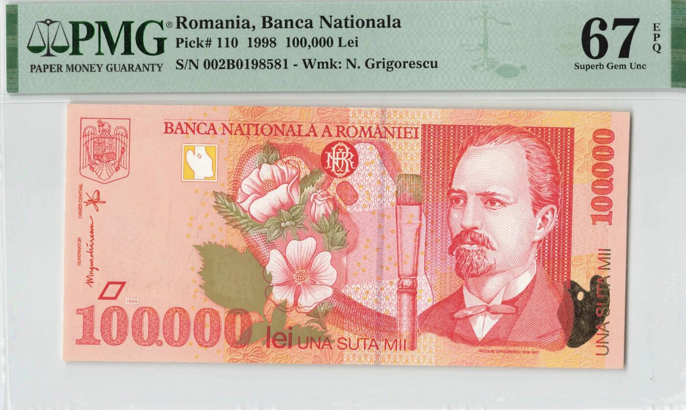 小福收藏拍卖第198期 评级币精选场  本期有菲律宾百位靓号100000比索超大纪念钞 苏里南25000盾花鸟版最高值 柬埔寨珍品56年50瑞尔 南越未发行版最高值打飞机  巴哈马彩背 老挝中国代印57年样钞 匈牙利 斯洛伐克 法罗群岛等多国精美高分珍稀老钞精品纸币 罗马尼亚 1998年 100000列伊 无47 PMG67 EPQ 季军分