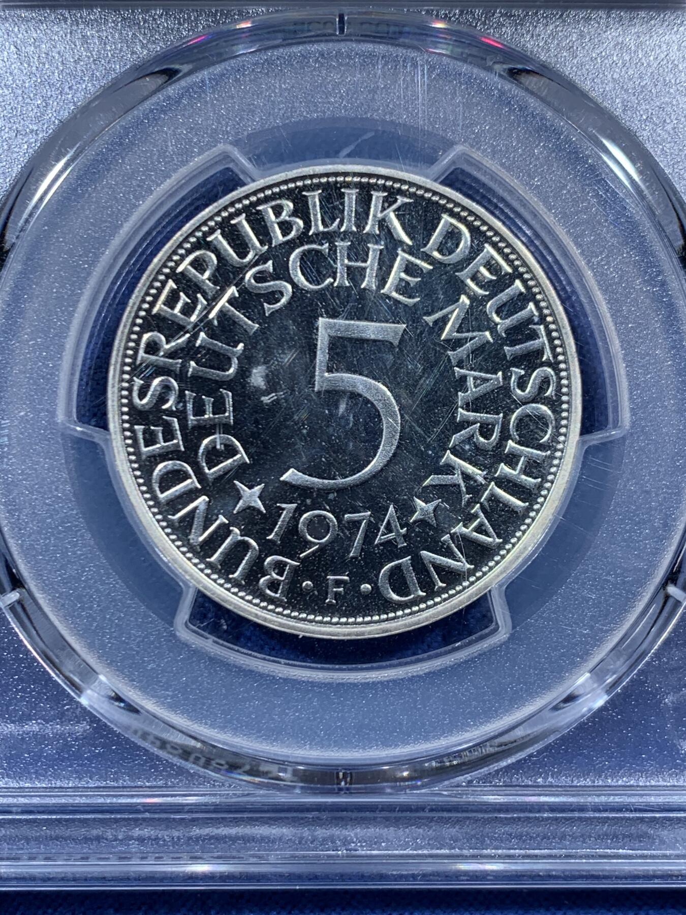 《竞宝斋》第457场 周日，周一，周二   3场连拍 （全场包邮）欢迎送拍 PCGS PR67CAM 德国 1974F 无毛鹰5马克精制银币 亚军分 更高分仅两枚