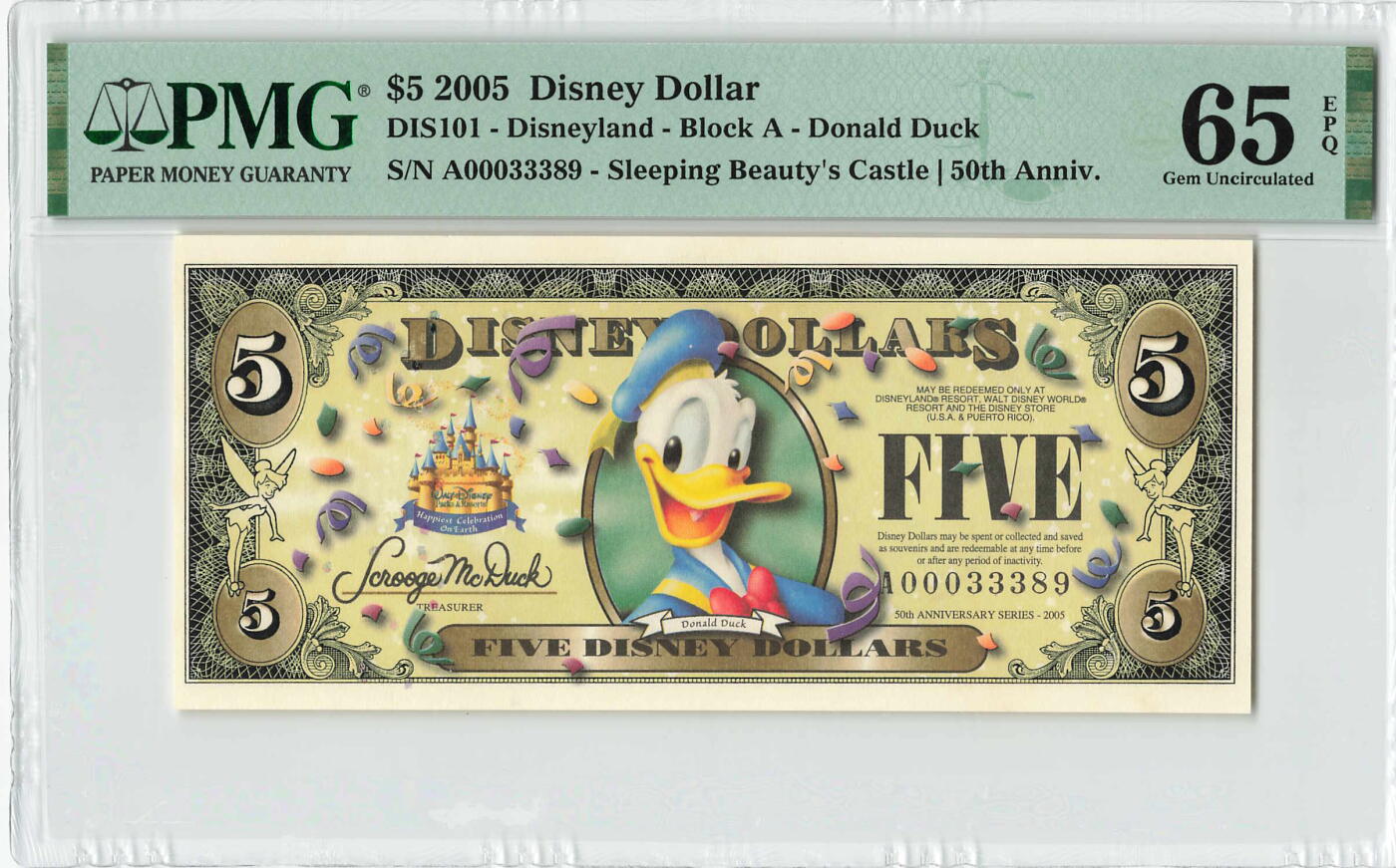 小福收藏拍卖第198期 评级币精选场  本期有菲律宾百位靓号100000比索超大纪念钞 苏里南25000盾花鸟版最高值 柬埔寨珍品56年50瑞尔 南越未发行版最高值打飞机  巴哈马彩背 老挝中国代印57年样钞 匈牙利 斯洛伐克 法罗群岛等多国精美高分珍稀老钞精品纸币 美国 迪斯尼 2005年 5元 A冠 靓号00033389 PMG65 EPQ 季军分