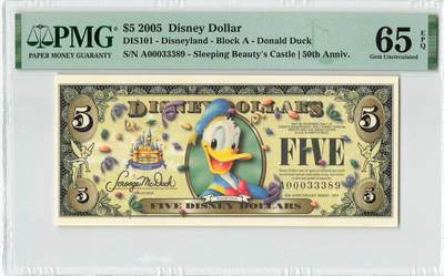 小福收藏拍卖第198期 评级币精选场  本期有菲律宾百位靓号100000比索超大纪念钞 苏里南25000盾花鸟版最高值 柬埔寨珍品56年50瑞尔 南越未发行版最高值打飞机  巴哈马彩背 老挝中国代印57年样钞 匈牙利 斯洛伐克 法罗群岛等多国精美高分珍稀老钞精品纸币 - 美国 迪斯尼 2005年 5元 A冠 靓号00033389 PMG65 EPQ 季军分