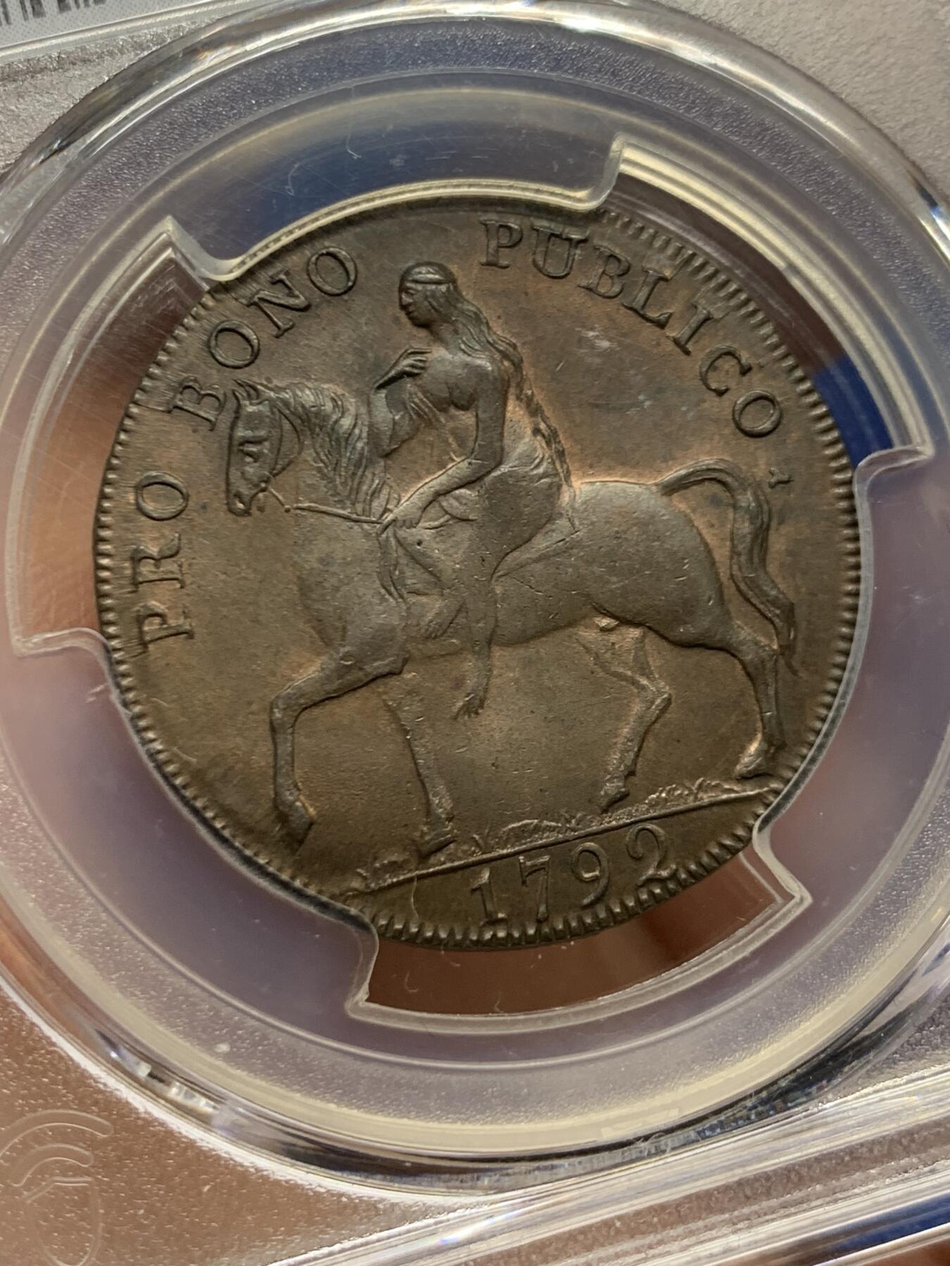 《竞宝斋》第457场 周日，周一，周二   3场连拍 （全场包邮）欢迎送拍 PCGS MS63BN 英国1792 考文垂1/2 便士（象版） ，Token名誉品