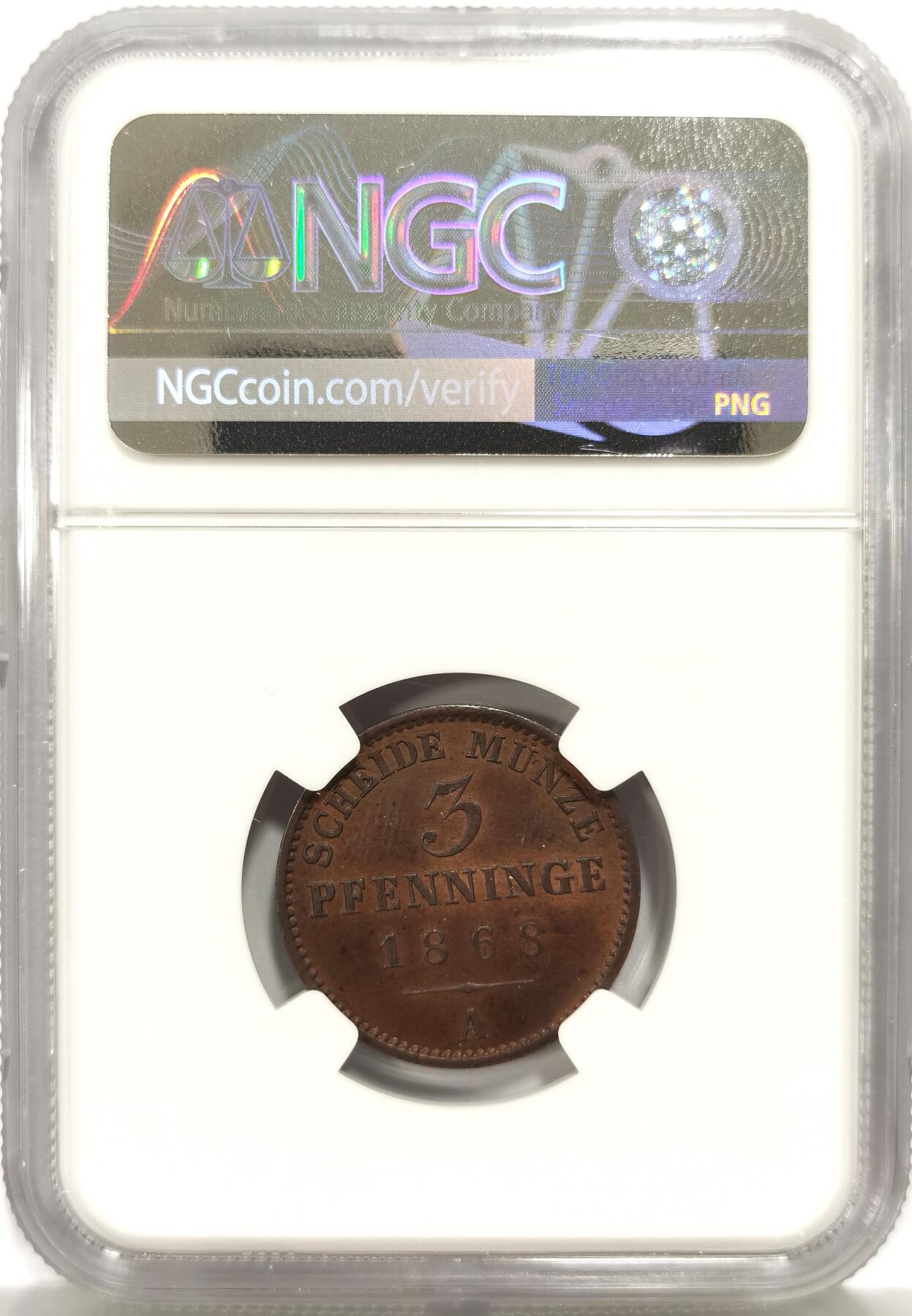 博洋堂世界钱币拍卖第157期（全场包邮） NGC MS64BN 德国普鲁士1868年3芬尼铜币