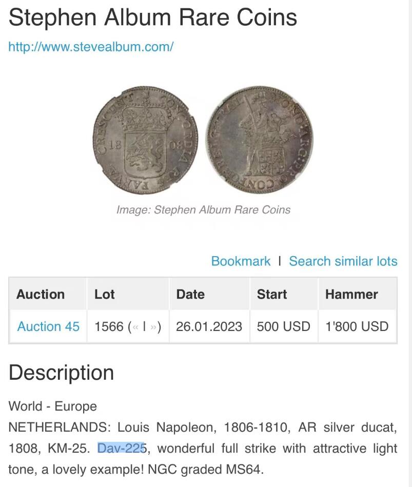 《竞宝斋》第457场 周日，周一，周二   3场连拍 （全场包邮）欢迎送拍 NGC MS64 荷兰 1808年 乌特勒支 1杜卡特 武士银币 打制细腻 值得入藏 2023年17000成交