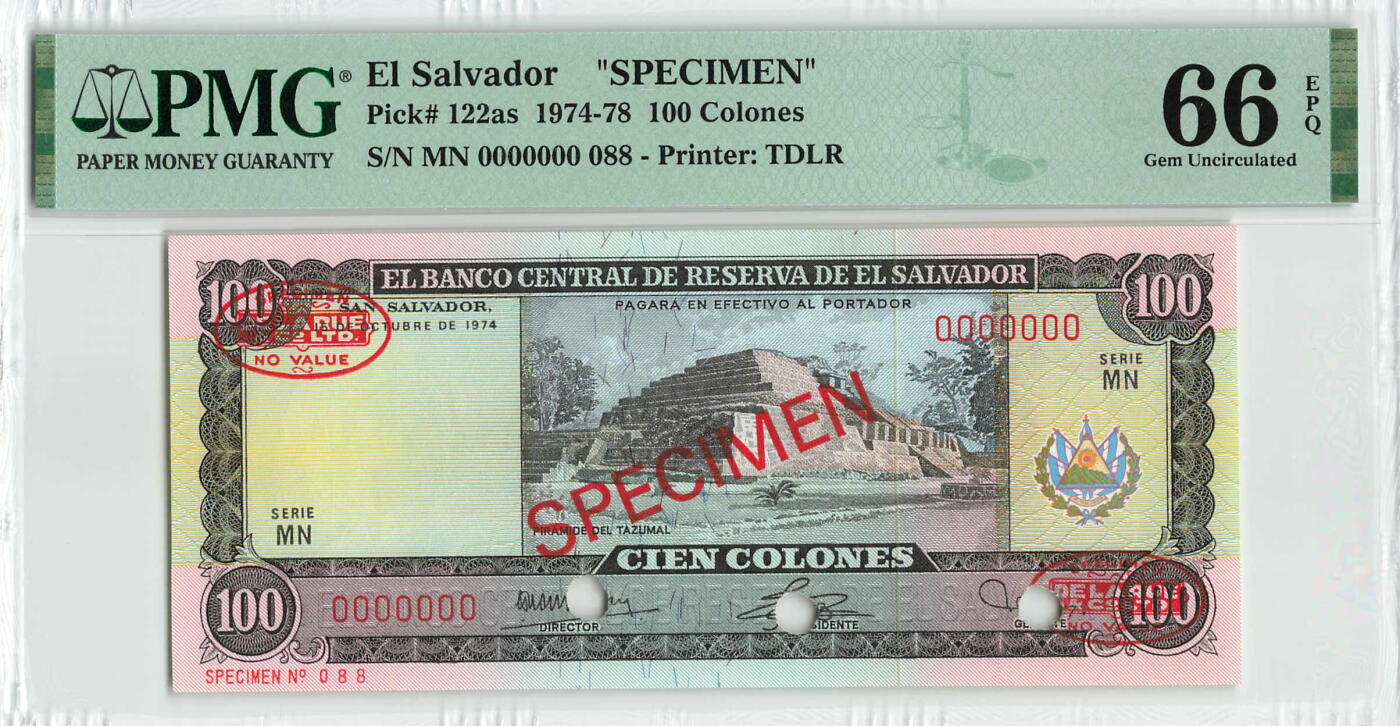 小福收藏拍卖第198期 评级币精选场  本期有菲律宾百位靓号100000比索超大纪念钞 苏里南25000盾花鸟版最高值 柬埔寨珍品56年50瑞尔 南越未发行版最高值打飞机  巴哈马彩背 老挝中国代印57年样钞 匈牙利 斯洛伐克 法罗群岛等多国精美高分珍稀老钞精品纸币 萨尔瓦多 1974年 100科朗 非常罕见 样钞 首年份 088号 PMG66 EPQ 亚军分