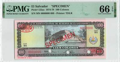 小福收藏拍卖第198期 评级币精选场  本期有菲律宾百位靓号100000比索超大纪念钞 苏里南25000盾花鸟版最高值 柬埔寨珍品56年50瑞尔 南越未发行版最高值打飞机  巴哈马彩背 老挝中国代印57年样钞 匈牙利 斯洛伐克 法罗群岛等多国精美高分珍稀老钞精品纸币 - 萨尔瓦多 1974年 100科朗 非常罕见 样钞 首年份 088号 PMG66 EPQ 亚军分