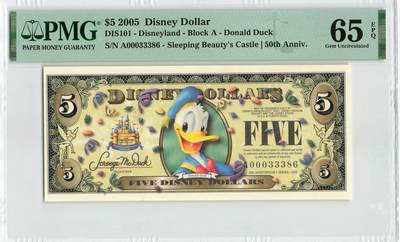 小福收藏拍卖第200期 【庆典场 中拍就有好礼相赠】评级币精选场 本期有捷克斯洛伐克20年100克朗慕夏作品大珍 69分倒置百位号布隆迪世界最大纸币  35年版加拿大经典 苏格兰格拉斯哥大学500年纪念钞倒置小号 卡塔尔80年100里亚尔冠军分 美国教育券 意大利拉斐尔 乌克兰 库克群岛 墨西哥 南斯拉夫 亚美尼亚等多国精美高分珍稀老钞精品纸币 - 美国 迪斯尼 2005年 5元 A冠 靓号00033386 PMG65 EPQ 季军分