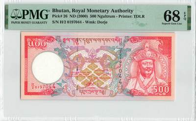 小福收藏拍卖第200期 【庆典场 中拍就有好礼相赠】评级币精选场 本期有捷克斯洛伐克20年100克朗慕夏作品大珍 69分倒置百位号布隆迪世界最大纸币  35年版加拿大经典 苏格兰格拉斯哥大学500年纪念钞倒置小号 卡塔尔80年100里亚尔冠军分 美国教育券 意大利拉斐尔 乌克兰 库克群岛 墨西哥 南斯拉夫 亚美尼亚等多国精美高分珍稀老钞精品纸币 - 不丹 2000年 500努尔特鲁姆 该版最高值 双尾 PMG68 EPQ 冠军分！！！