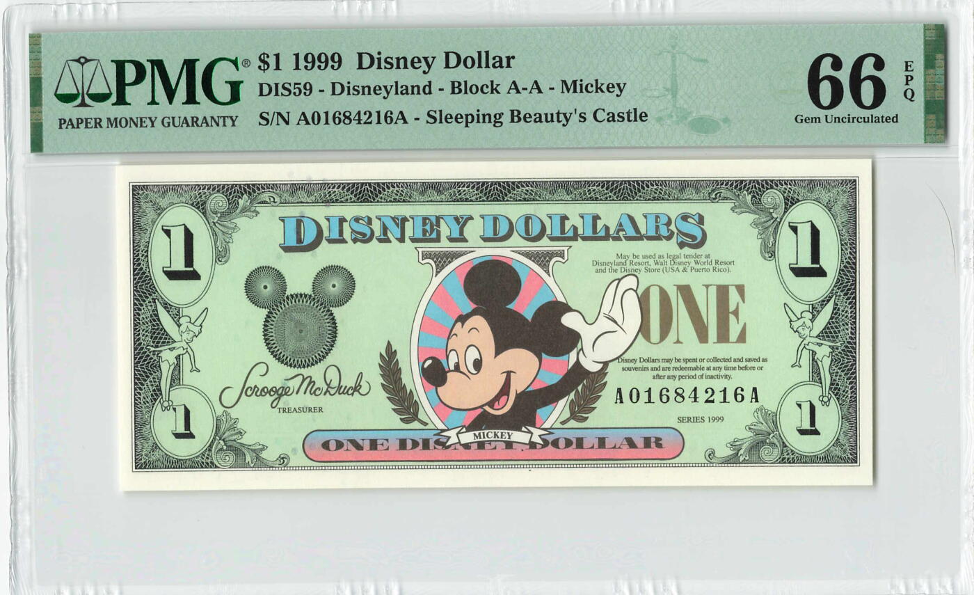 小福收藏拍卖第198期 评级币精选场  本期有菲律宾百位靓号100000比索超大纪念钞 苏里南25000盾花鸟版最高值 柬埔寨珍品56年50瑞尔 南越未发行版最高值打飞机  巴哈马彩背 老挝中国代印57年样钞 匈牙利 斯洛伐克 法罗群岛等多国精美高分珍稀老钞精品纸币 美国 迪斯尼 1999年 1元 A- A PMG66 EPQ  季军分