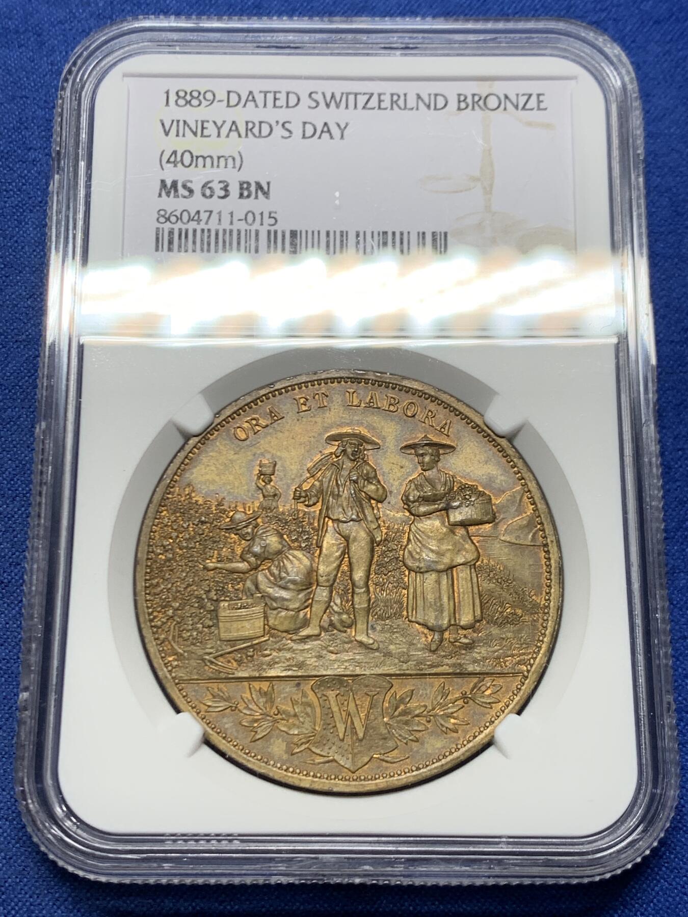 《竞宝斋》第457场 周日，周一，周二   3场连拍 （全场包邮）欢迎送拍 NGC MS63BN 瑞士1889年 沃韦葡萄酒节 铜章 精美设计 非常细腻
