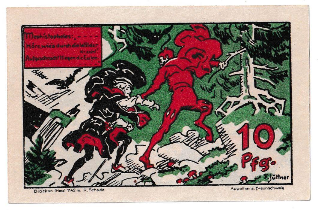 【良泉】【春节前最后一场】2月5日晚19.30点开拍！208组，本场结束后预存钱币的朋友请告知，将连同本场拍品一起邮寄，预祝诸位春节愉快！ 1921年【德国紧急纸币】希尔克市，10芬妮，正面：女巫们搬到布罗肯，背面：布罗肯旅店老板鲁道夫·约翰斯 