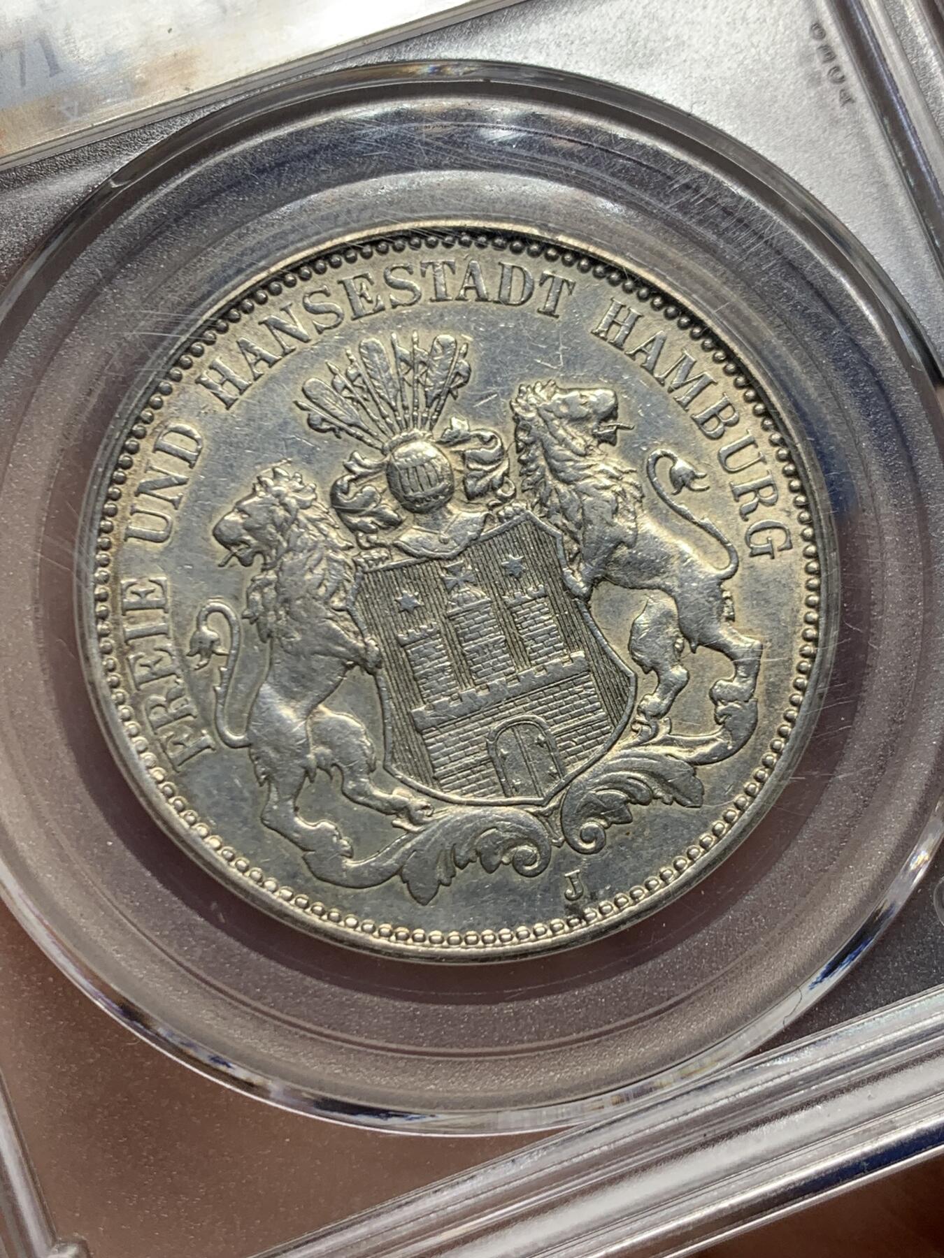 《竞宝斋》第457场 周日，周一，周二   3场连拍 （全场包邮）欢迎送拍 公博 AU58 德国 1910年 汉堡自由市 3马克 银币