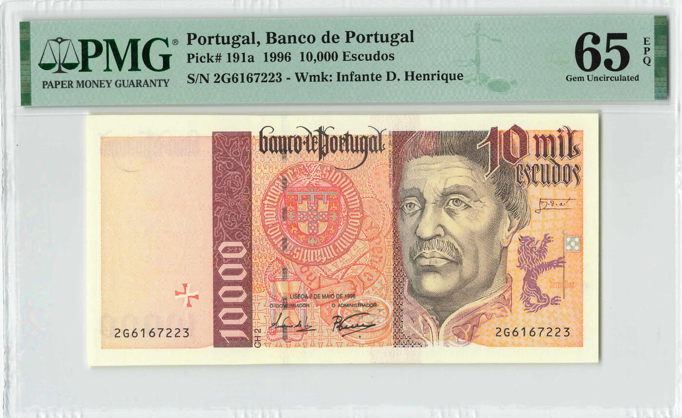 小福收藏拍卖第198期 评级币精选场  本期有菲律宾百位靓号100000比索超大纪念钞 苏里南25000盾花鸟版最高值 柬埔寨珍品56年50瑞尔 南越未发行版最高值打飞机  巴哈马彩背 老挝中国代印57年样钞 匈牙利 斯洛伐克 法罗群岛等多国精美高分珍稀老钞精品纸币 葡萄牙 1996年 10000埃斯库多 末版首年份 最高值 PMG65 EPQ