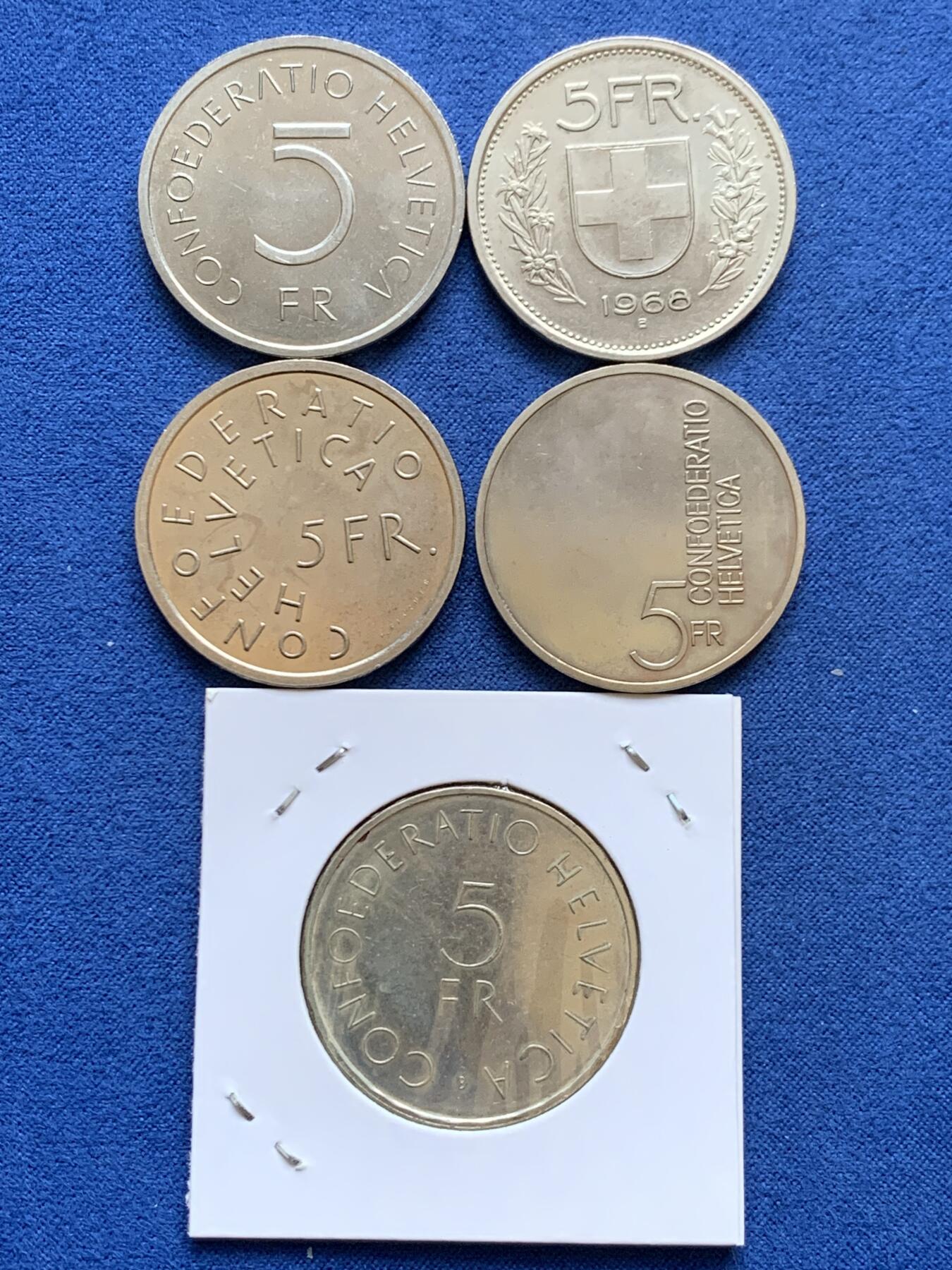 《竞宝斋》第457场 周日，周一，周二   3场连拍 （全场包邮）欢迎送拍 五枚一组 瑞士1968年5法郎 其中含一枚1963年银币