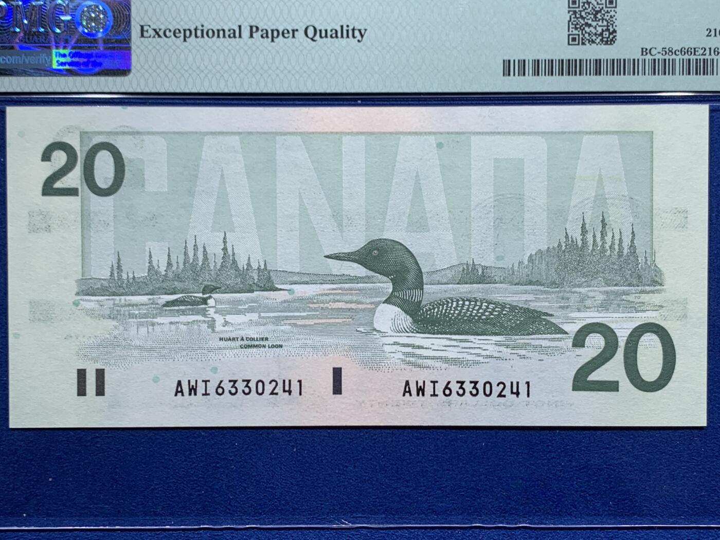 《竞宝斋》第457场 周日，周一，周二   3场连拍 （全场包邮）欢迎送拍 PMG 66EPQ 加拿大 1991年20元 鸟版