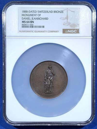 《竞宝斋》第457场 周日，周一，周二   3场连拍 （全场包邮）欢迎送拍 - NGC MS64BN 瑞士 1888年 丹尼尔·让理查德纪念碑 铜章 双面高浮雕 极少见品种 不可多得藏品