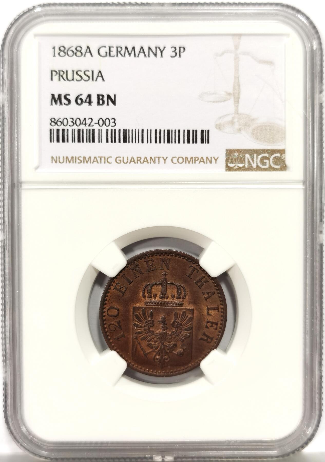 博洋堂世界钱币拍卖第157期（全场包邮） NGC MS64BN 德国普鲁士1868年3芬尼铜币