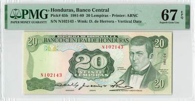 小福收藏拍卖第200期 【庆典场 中拍就有好礼相赠】评级币精选场 本期有捷克斯洛伐克20年100克朗慕夏作品大珍 69分倒置百位号布隆迪世界最大纸币  35年版加拿大经典 苏格兰格拉斯哥大学500年纪念钞倒置小号 卡塔尔80年100里亚尔冠军分 美国教育券 意大利拉斐尔 乌克兰 库克群岛 墨西哥 南斯拉夫 亚美尼亚等多国精美高分珍稀老钞精品纸币 - 洪都拉斯 1981年 20伦皮拉 PMG67 EPQ 亚军分（冠军分仅1枚）