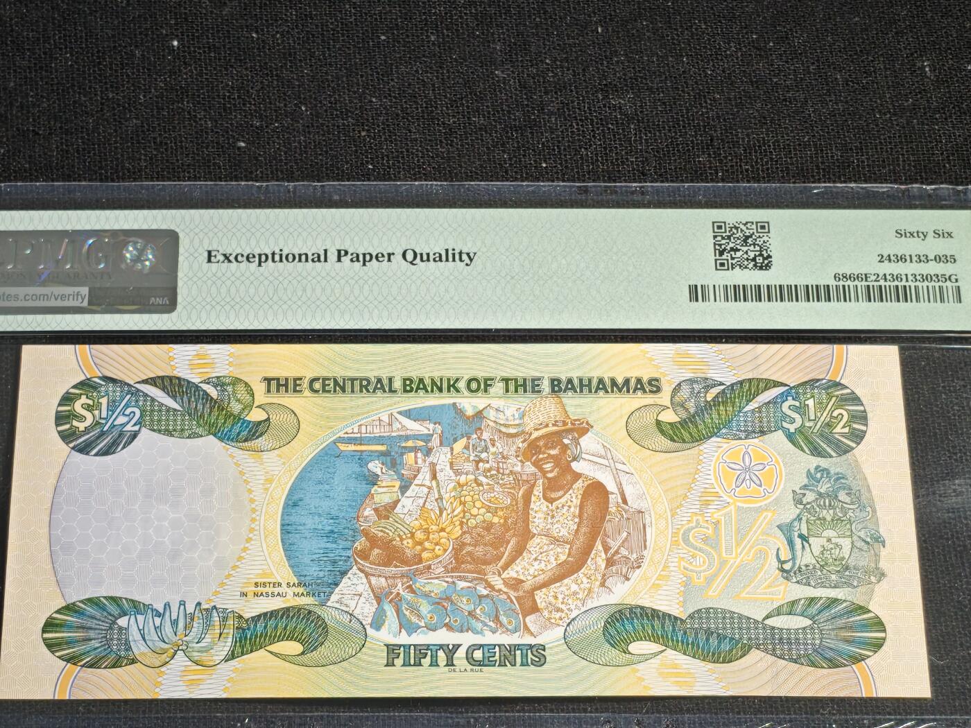 刘世昌艺术品销售中心～虎踞龙蟠*金杨在线联拍群第515期 巴哈马2001年1/2元（PMG 66E 号码：A1451439）1枚。