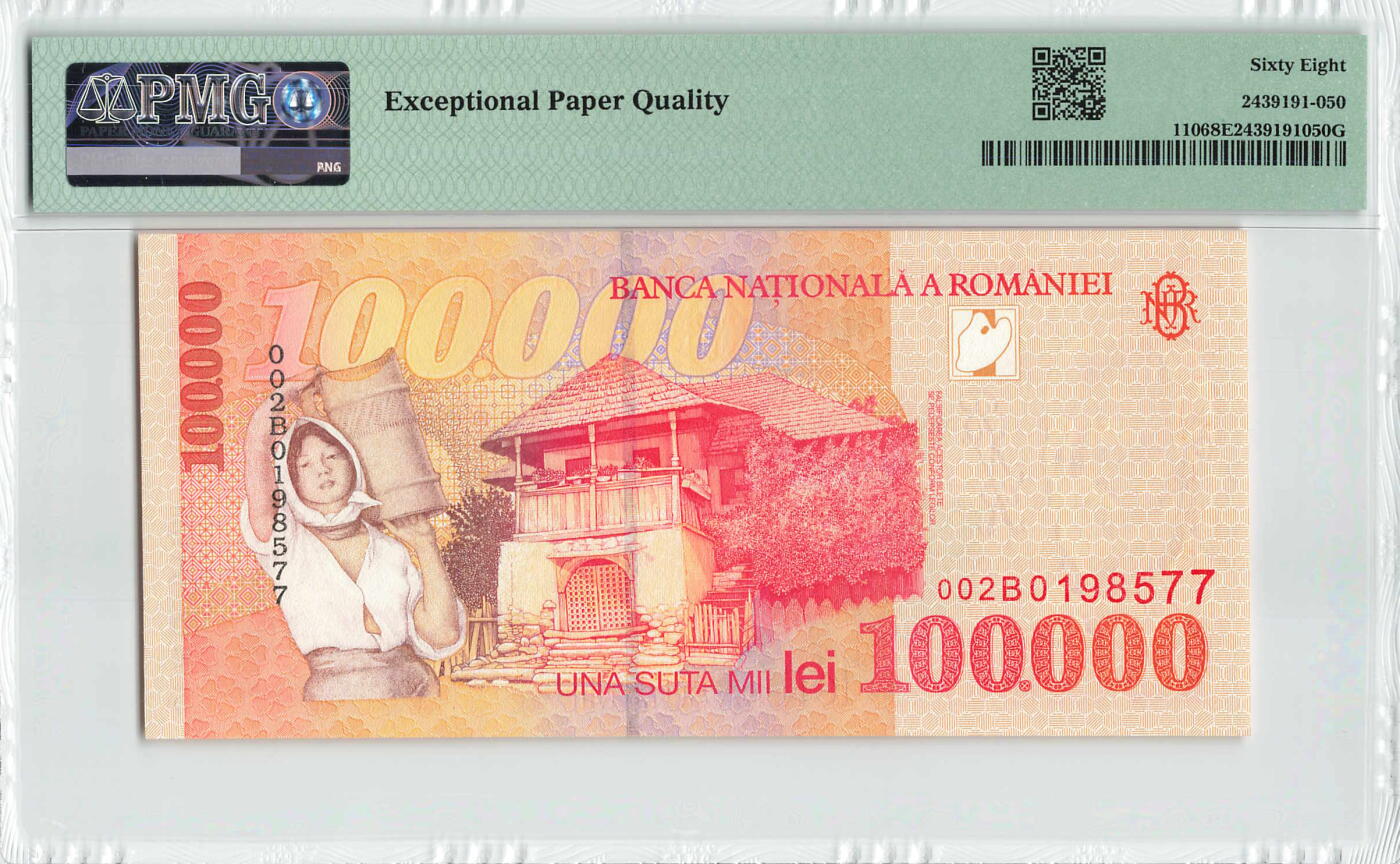 小福收藏拍卖第200期 【庆典场 中拍就有好礼相赠】评级币精选场 本期有捷克斯洛伐克20年100克朗慕夏作品大珍 69分倒置百位号布隆迪世界最大纸币  35年版加拿大经典 苏格兰格拉斯哥大学500年纪念钞倒置小号 卡塔尔80年100里亚尔冠军分 美国教育券 意大利拉斐尔 乌克兰 库克群岛 墨西哥 南斯拉夫 亚美尼亚等多国精美高分珍稀老钞精品纸币 罗马尼亚 1998年 100000列伊 双尾 PMG68 EPQ  亚军分（冠军分仅1枚）