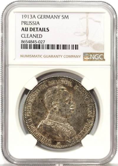 博洋堂世界钱币拍卖第157期（全场包邮） - NGC AU 德国普鲁士1913年威廉二世军装5马克银币