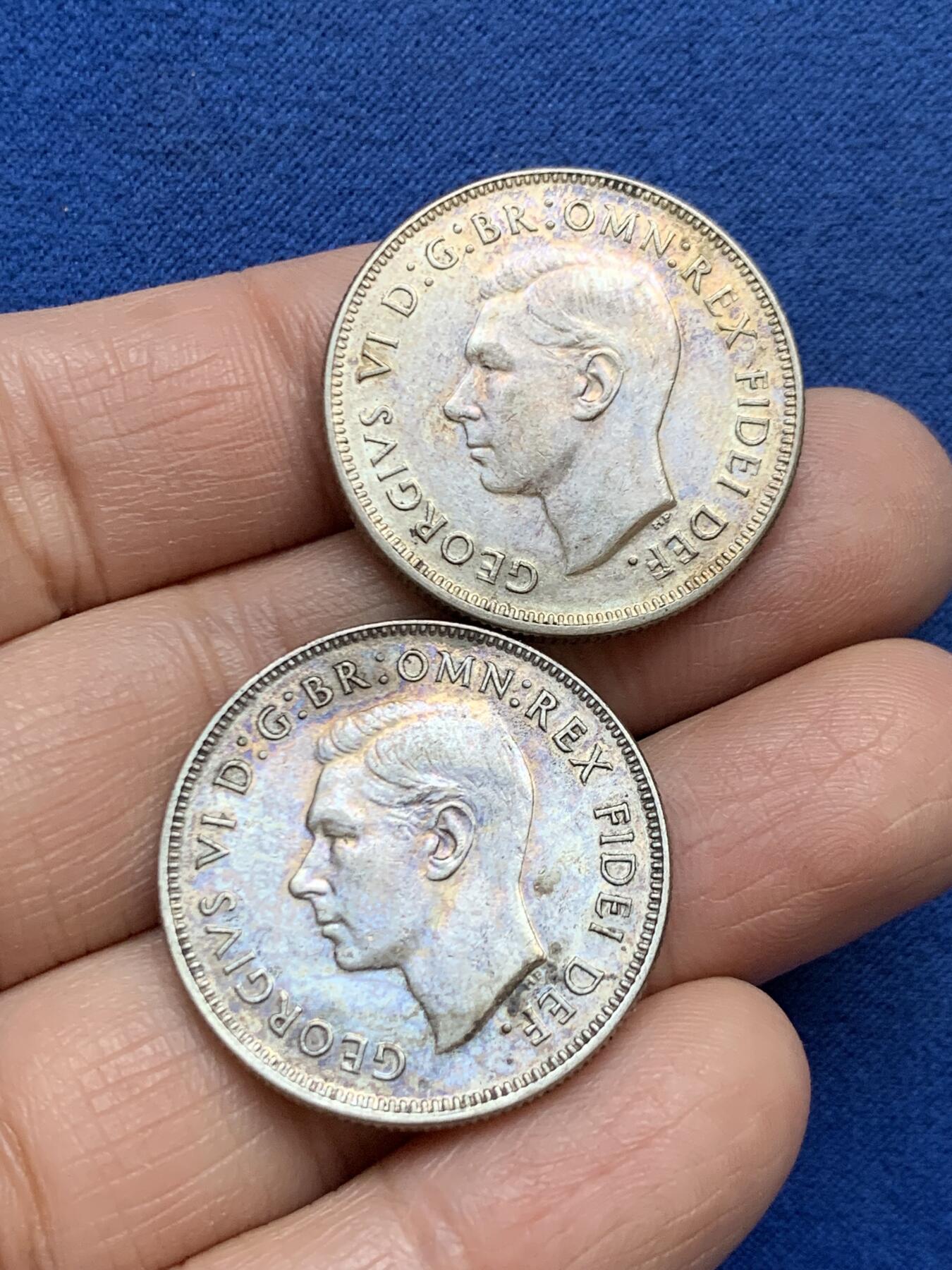 《竞宝斋》第457场 周日，周一，周二   3场连拍 （全场包邮）欢迎送拍 两枚一组 澳大利亚1951年乔六1佛罗林银币