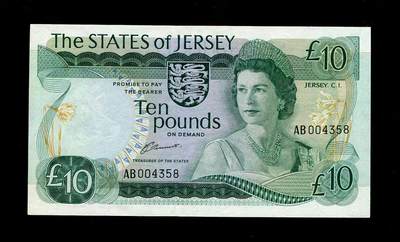 1月13号晚上8点 外国纸币自动截拍第8场 - 泽西岛1976年 10镑 AB首发字冠 高冠女王版