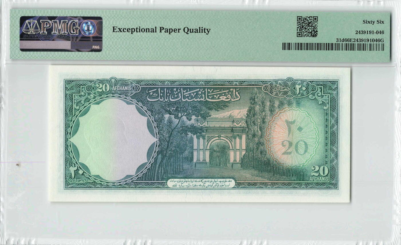 小福收藏拍卖第198期 评级币精选场  本期有菲律宾百位靓号100000比索超大纪念钞 苏里南25000盾花鸟版最高值 柬埔寨珍品56年50瑞尔 南越未发行版最高值打飞机  巴哈马彩背 老挝中国代印57年样钞 匈牙利 斯洛伐克 法罗群岛等多国精美高分珍稀老钞精品纸币 阿富汗 1957年 20尼 尾8 PMG66 EPQ 亚军分