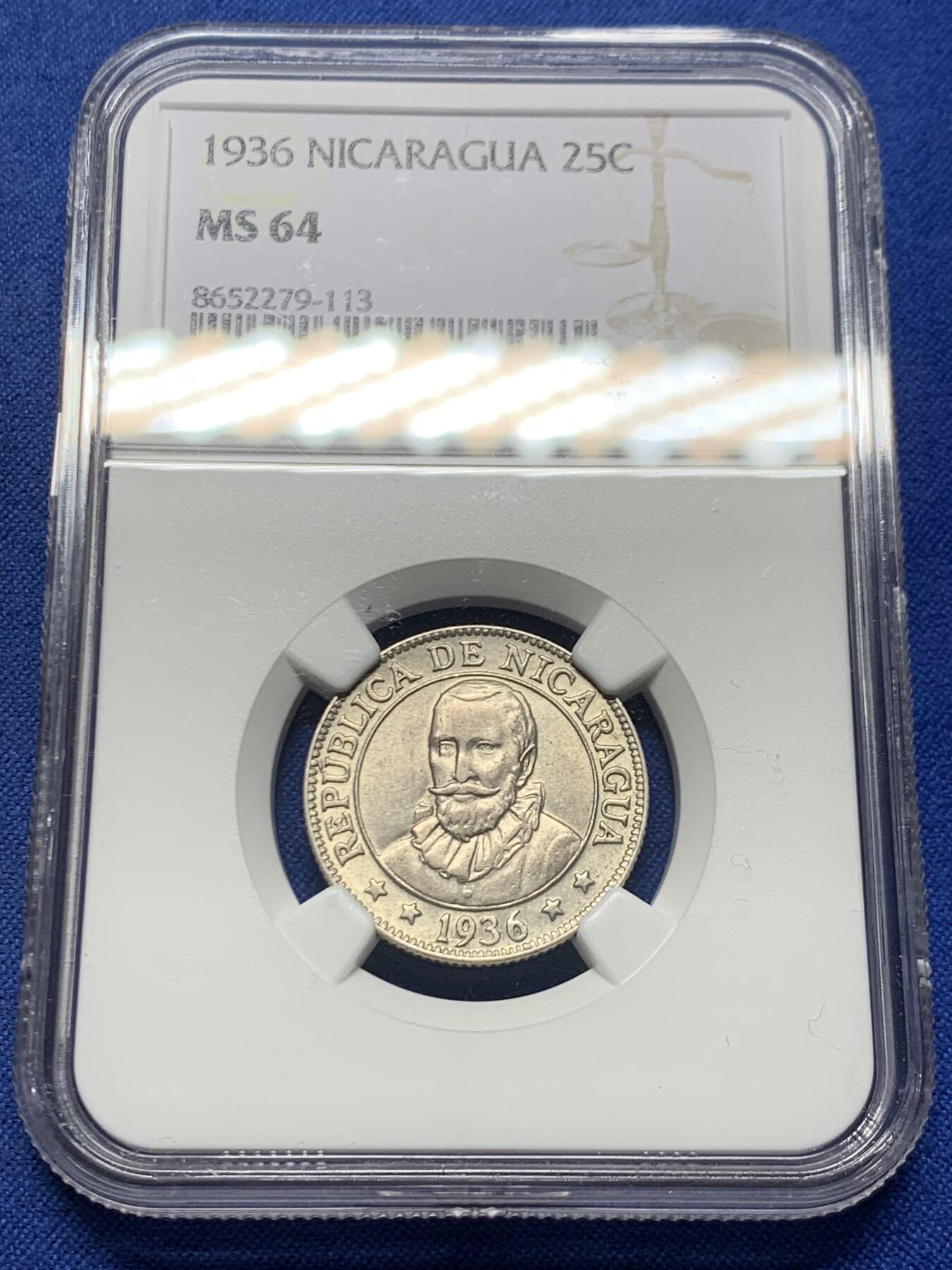 《竞宝斋》第457场 周日，周一，周二   3场连拍 （全场包邮）欢迎送拍 NGC MS64 尼加拉瓜1936年25分银币，属于该国最后一套银本位货币之一，稀有，铸造量仅10万枚，由美国费城造币厂代为铸造，本币为冠军分！拉丁美洲的老银币未来是重点投资方向，增值潜力大。