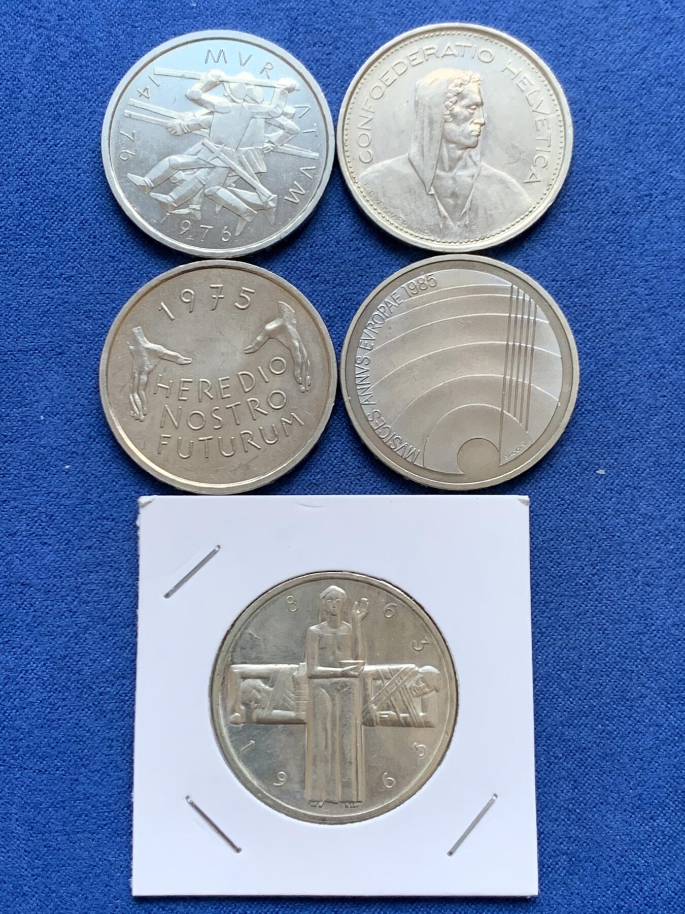 《竞宝斋》第457场 周日，周一，周二   3场连拍 （全场包邮）欢迎送拍 五枚一组 瑞士1968年5法郎 其中含一枚1963年银币