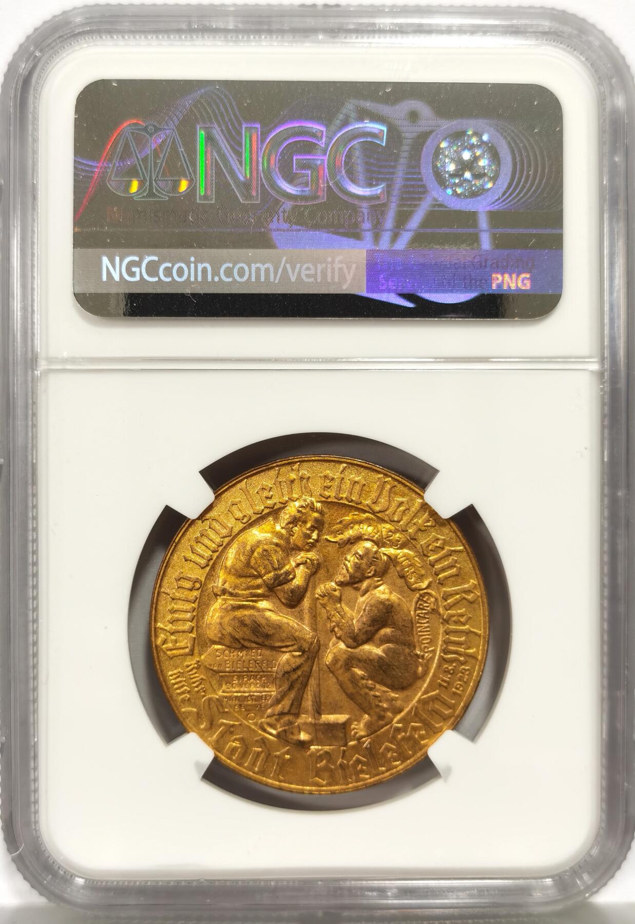 博洋堂世界钱币拍卖第157期（全场包邮） NGC MS64 德国德紧比勒菲尔德1923年1金马克镀金铜币，名誉品种