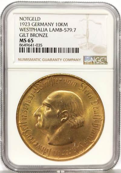 博洋堂世界钱币拍卖第157期（全场包邮） - NGC MS65 德国德紧1923年威斯特法轮马币10000马克大铜币，窄边版