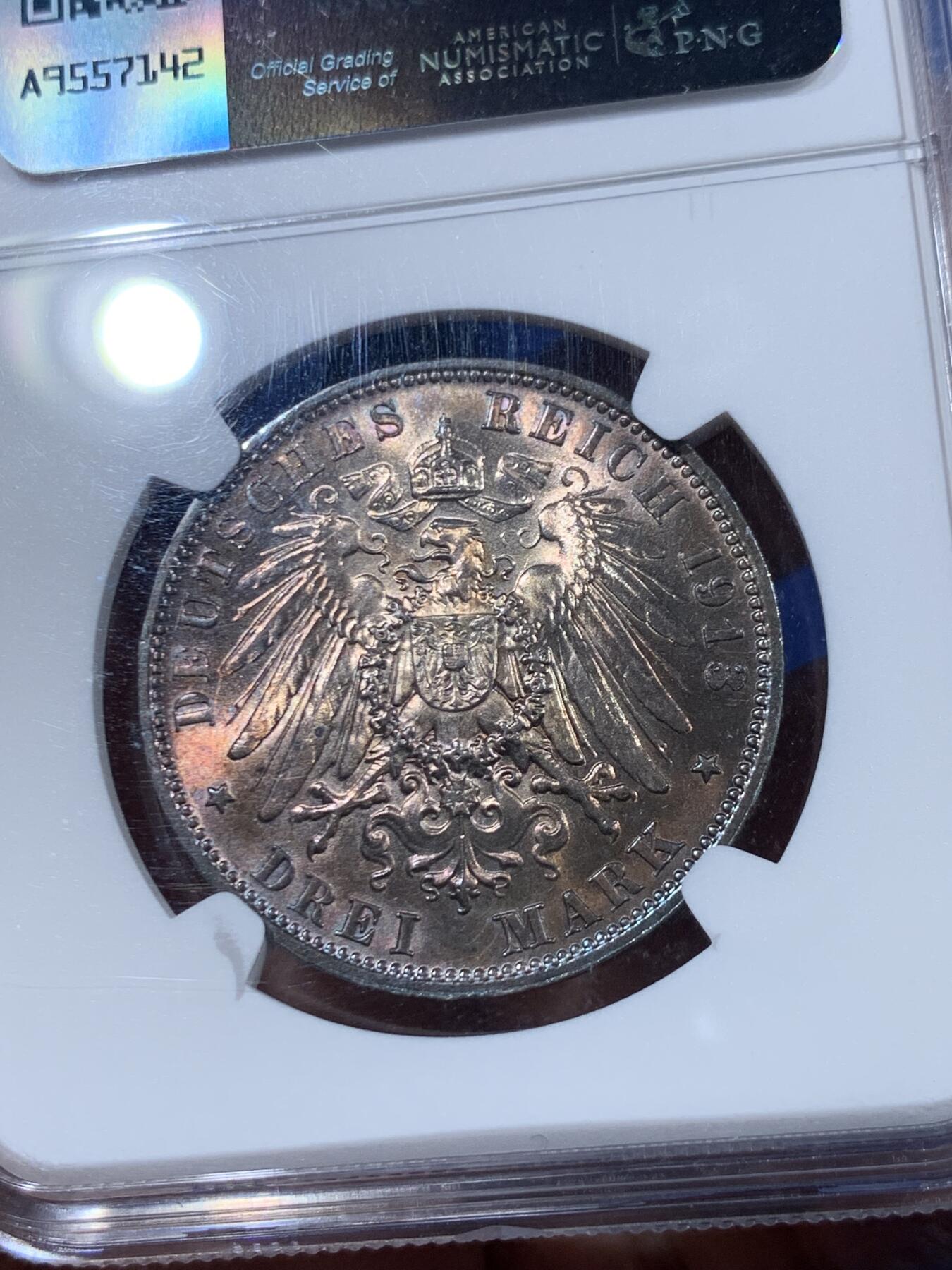 《竞宝斋》第457场 周日，周一，周二   3场连拍 （全场包邮）欢迎送拍 NGC MS63 德国1913年萨克森-莱比锡战役百年纪念3马克银币 幻彩