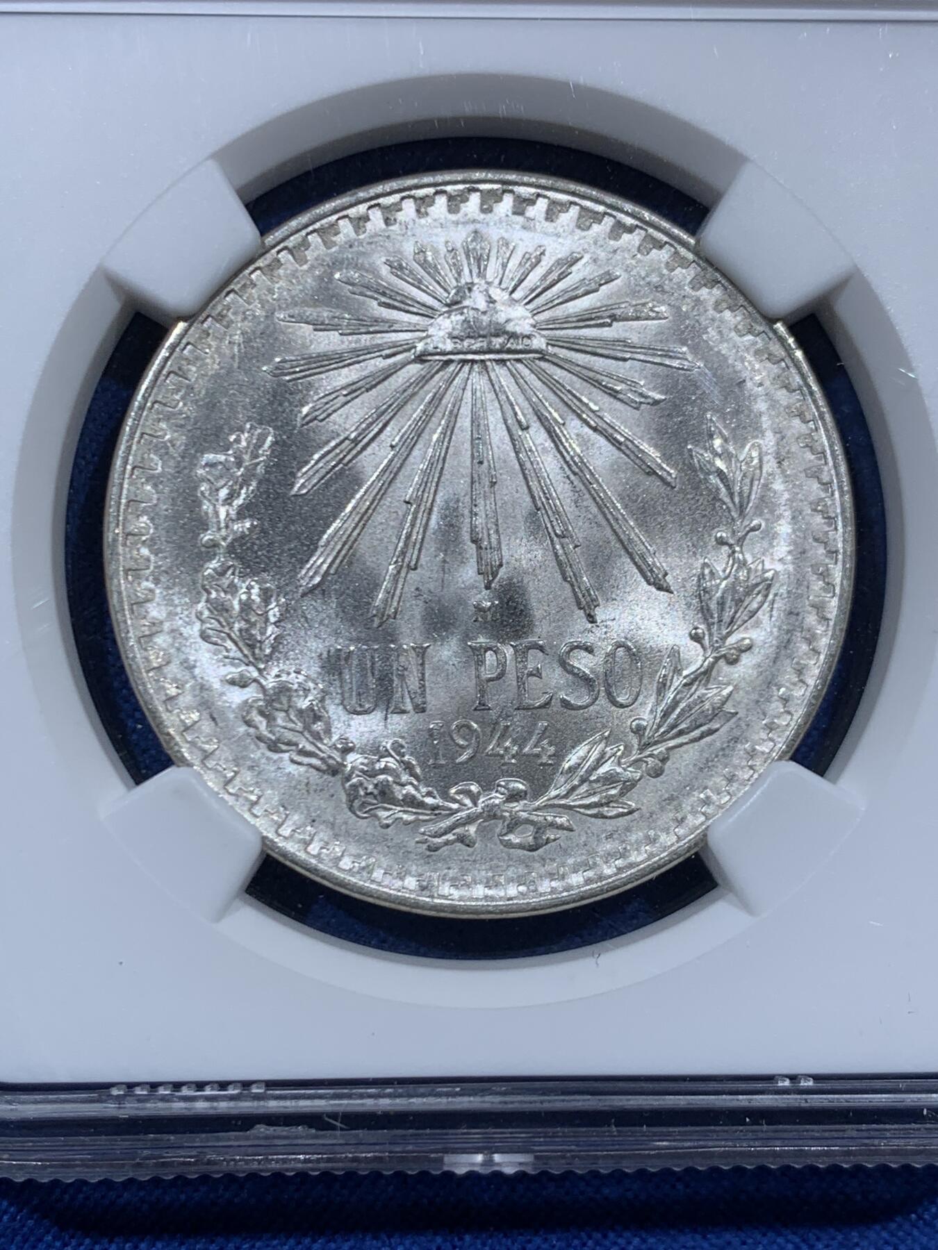 《竞宝斋》第457场 周日，周一，周二   3场连拍 （全场包邮）欢迎送拍 NGC MS67 墨西哥1944年1比索鹰洋银币 超高分一步到位