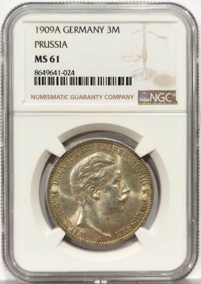 博洋堂世界钱币拍卖第157期（全场包邮） - NGC MS61 德国普鲁士1909年威廉二世流通3马克银币