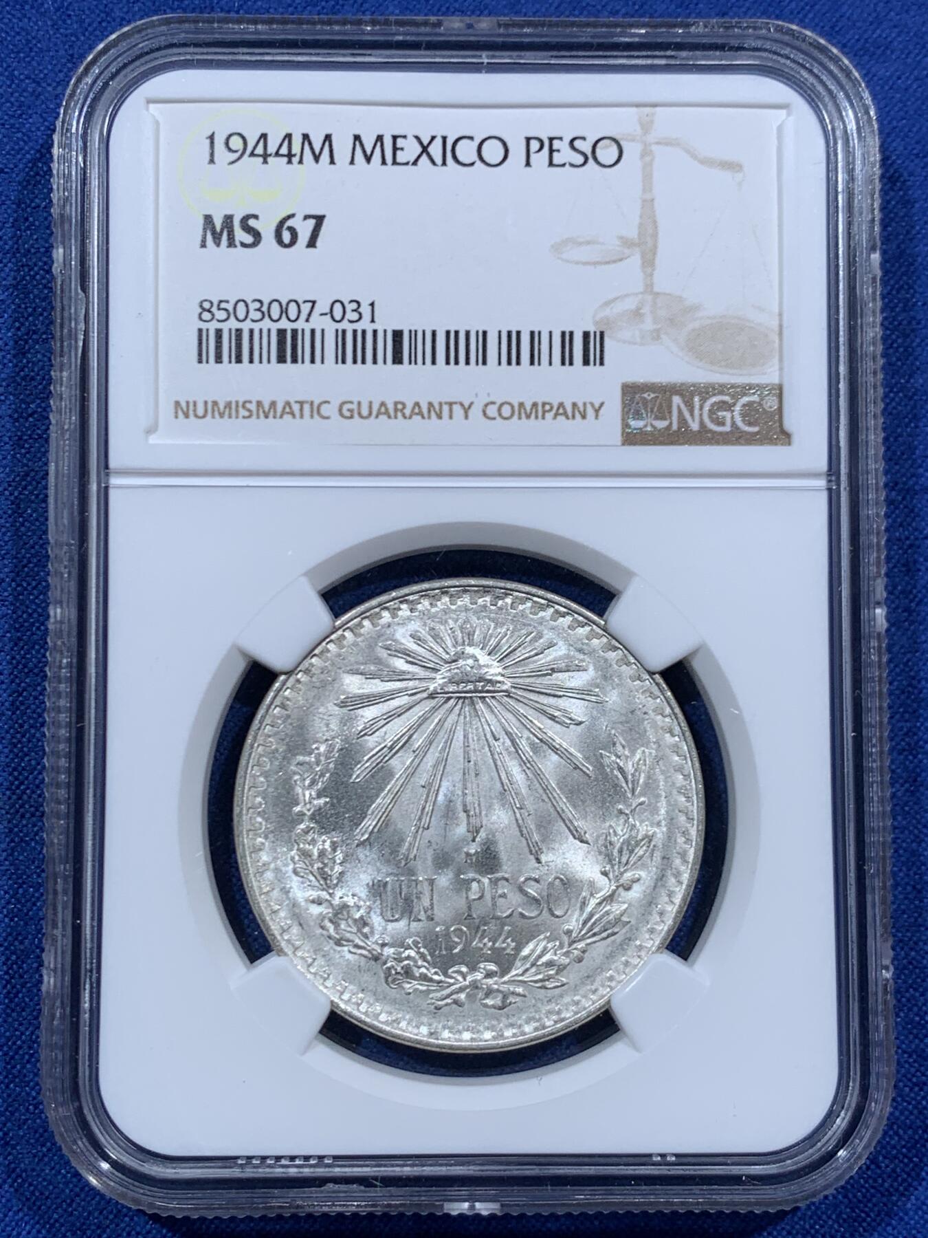 《竞宝斋》第457场 周日，周一，周二   3场连拍 （全场包邮）欢迎送拍 NGC MS67 墨西哥1944年1比索鹰洋银币 超高分一步到位