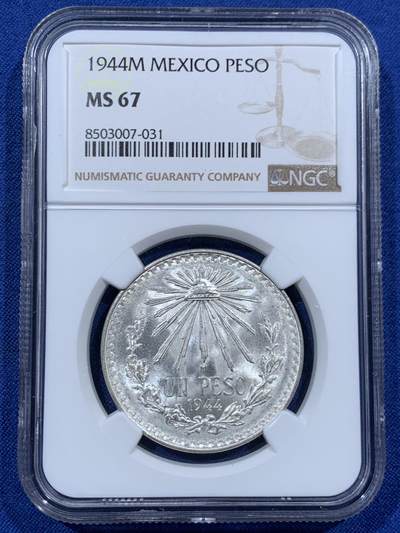《竞宝斋》第457场 周日，周一，周二   3场连拍 （全场包邮）欢迎送拍 - NGC MS67 墨西哥1944年1比索鹰洋银币 超高分一步到位