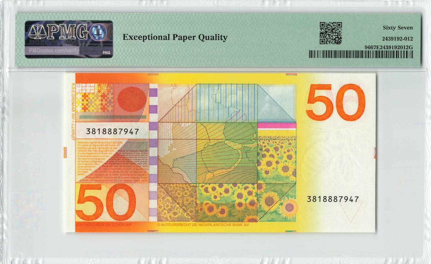 小福收藏拍卖第198期 评级币精选场  本期有菲律宾百位靓号100000比索超大纪念钞 苏里南25000盾花鸟版最高值 柬埔寨珍品56年50瑞尔 南越未发行版最高值打飞机  巴哈马彩背 老挝中国代印57年样钞 匈牙利 斯洛伐克 法罗群岛等多国精美高分珍稀老钞精品纸币 荷兰 1982年 50盾 向日葵 PMG67 EPQ