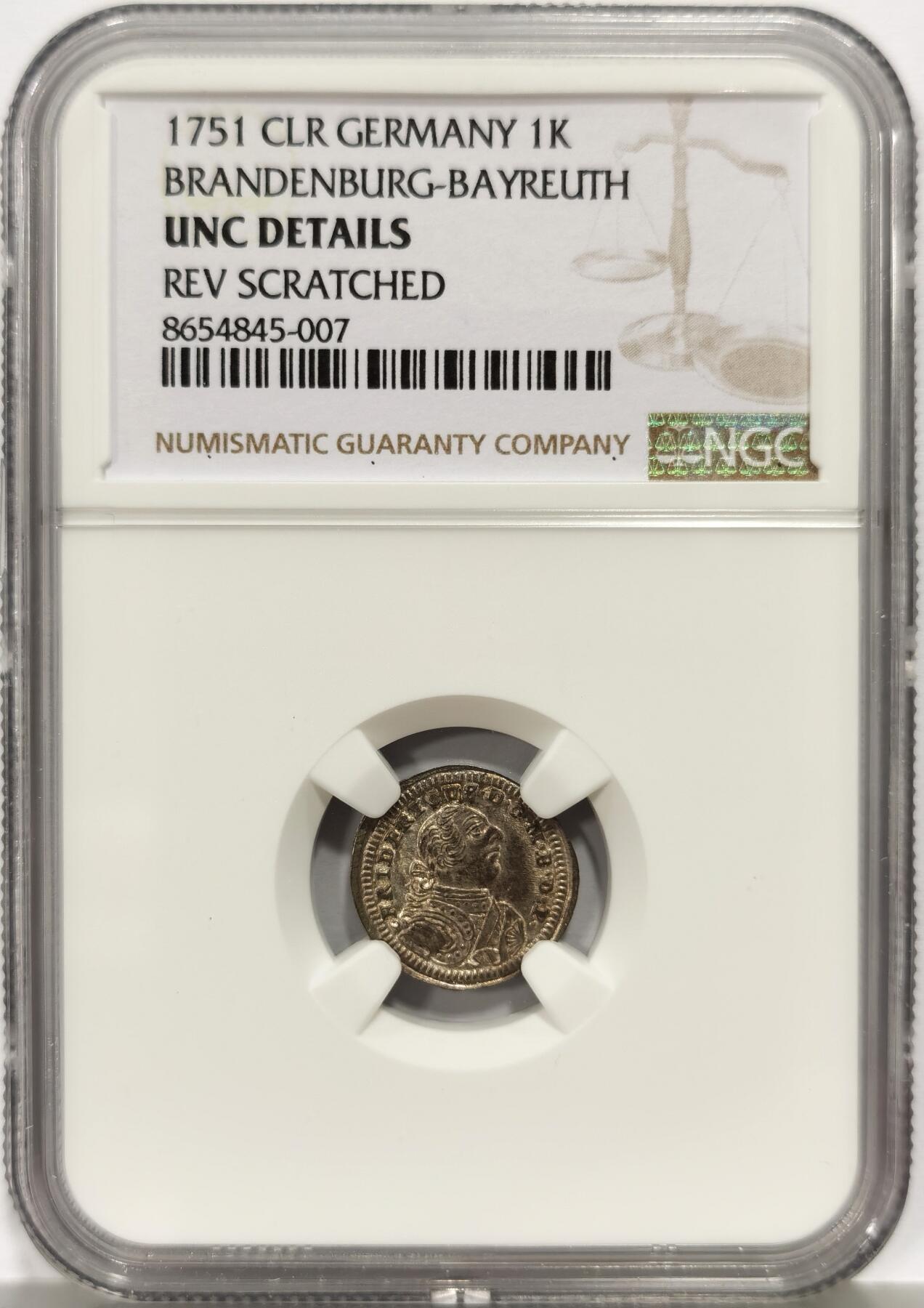 博洋堂世界钱币拍卖第157期（全场包邮） NGC UNC 德国勃兰登堡-拜罗伊特1751年1克鲁泽银币