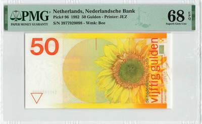 小福收藏拍卖第200期 【庆典场 中拍就有好礼相赠】评级币精选场 本期有捷克斯洛伐克20年100克朗慕夏作品大珍 69分倒置百位号布隆迪世界最大纸币  35年版加拿大经典 苏格兰格拉斯哥大学500年纪念钞倒置小号 卡塔尔80年100里亚尔冠军分 美国教育券 意大利拉斐尔 乌克兰 库克群岛 墨西哥 南斯拉夫 亚美尼亚等多国精美高分珍稀老钞精品纸币 - 荷兰 1982年 50盾 向日葵 尾8 PMG68 EPQ 季军分