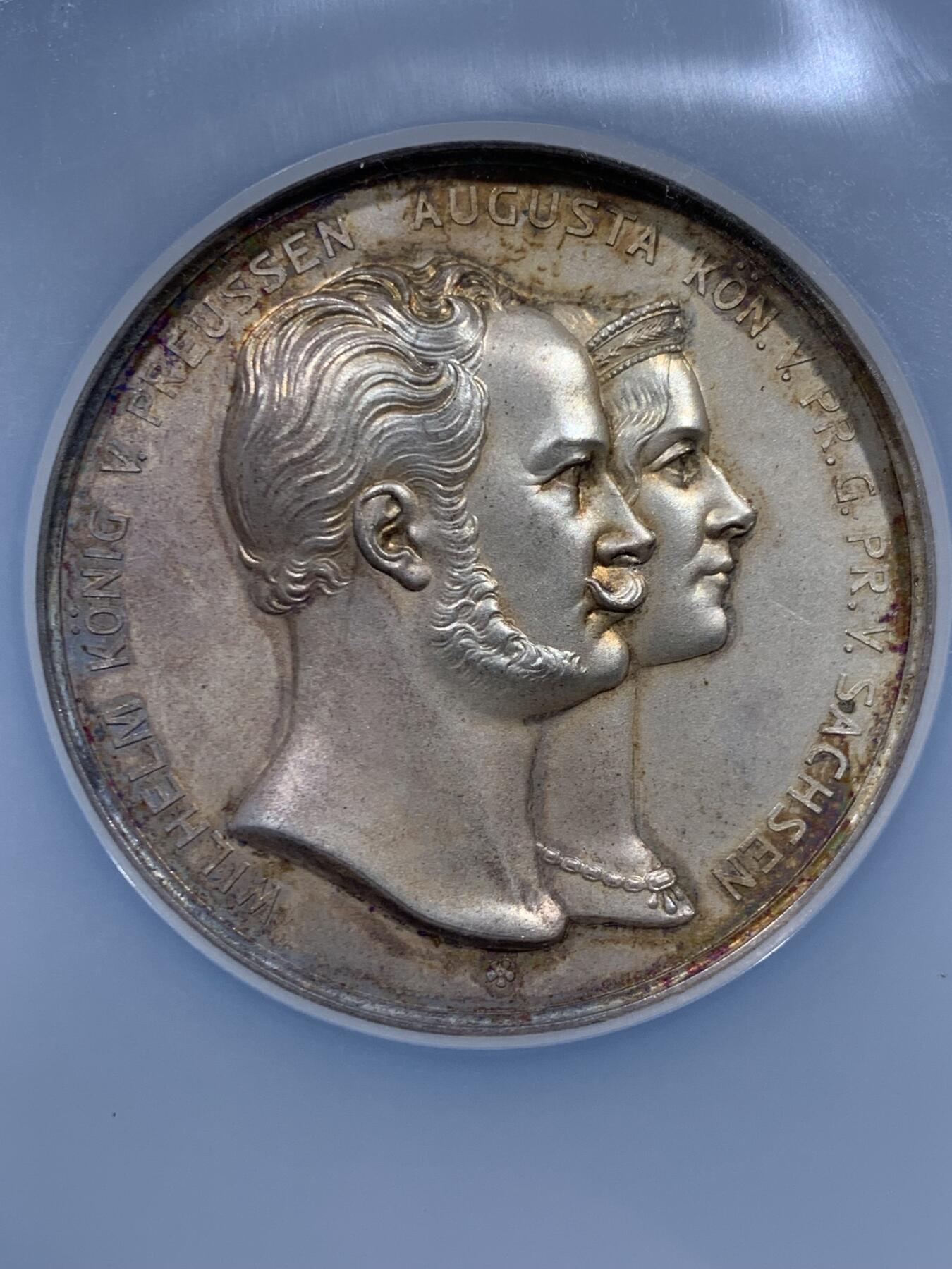 《竞宝斋》第457场 周日，周一，周二   3场连拍 （全场包邮）欢迎送拍 NGC MS63 德国1927年普鲁士威廉一世结婚纪念大银章 51mm 包浆纯美 品相状态一流 NGC加厚大盒装