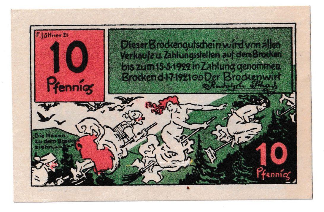 【良泉】【春节前最后一场】2月5日晚19.30点开拍！208组，本场结束后预存钱币的朋友请告知，将连同本场拍品一起邮寄，预祝诸位春节愉快！ 1921年【德国紧急纸币】希尔克市，10芬妮，正面：女巫们搬到布罗肯，背面：布罗肯旅店老板鲁道夫·约翰斯 