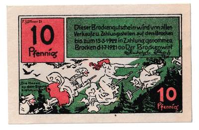 【良泉】【春节前最后一场】2月5日晚19.30点开拍！208组，本场结束后预存钱币的朋友请告知，将连同本场拍品一起邮寄，预祝诸位春节愉快！ - 1921年【德国紧急纸币】希尔克市，10芬妮，正面：女巫们搬到布罗肯，背面：布罗肯旅店老板鲁道夫·约翰斯 