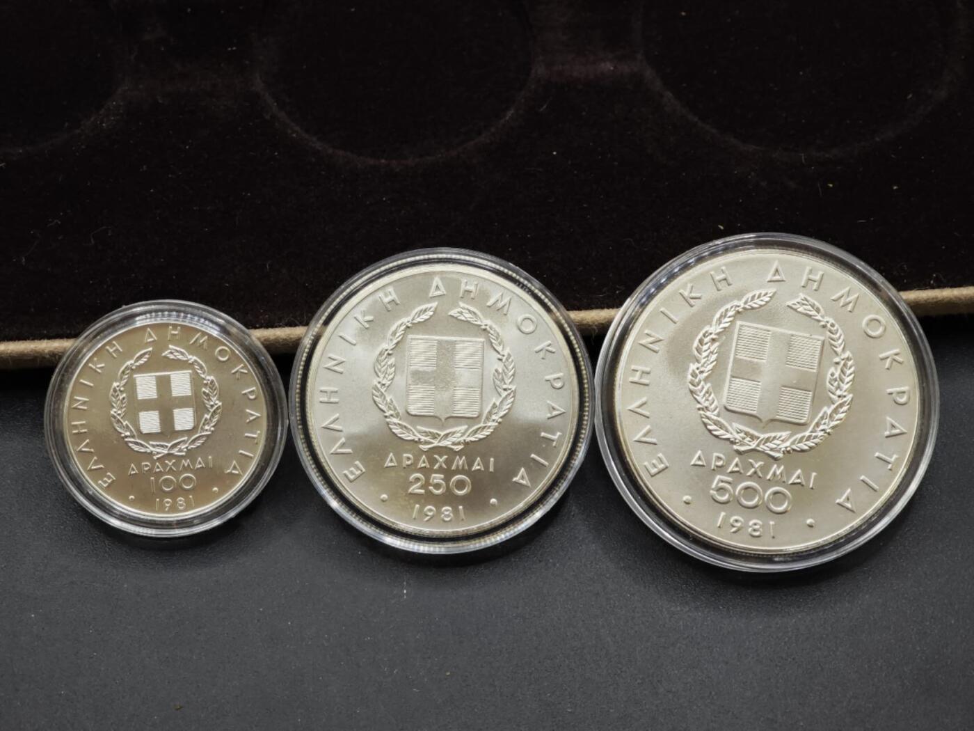 【淘币小摊】实时拍第八百四十七拍   银币套币场   满百包邮可预留二周 每周一统一发货   1981年希腊100/250/500德拉克马普制非流通银币套 82年泛欧运动会-跳远，标枪，接力 49.1克900银 银价840