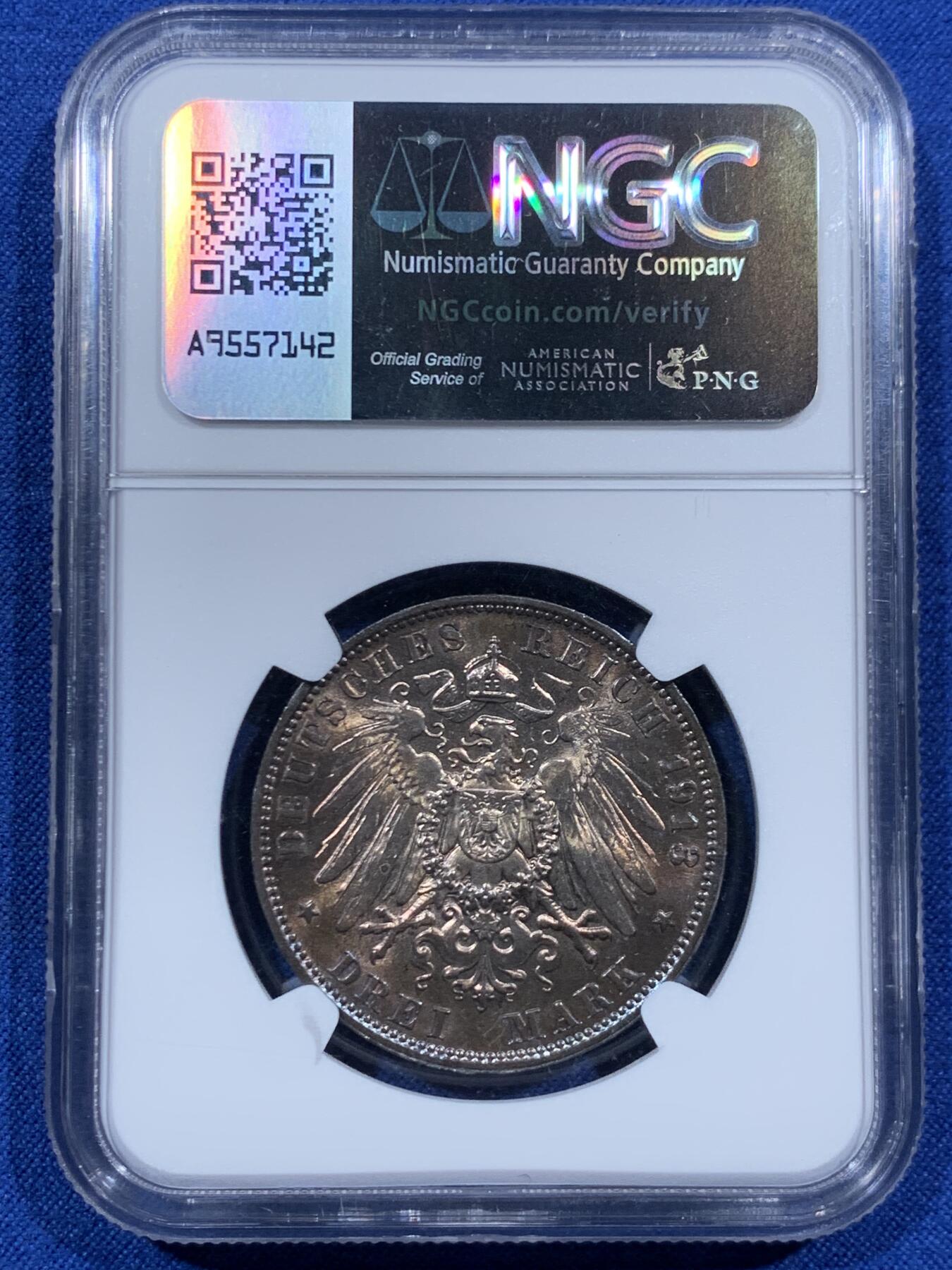 《竞宝斋》第457场 周日，周一，周二   3场连拍 （全场包邮）欢迎送拍 NGC MS63 德国1913年萨克森-莱比锡战役百年纪念3马克银币 幻彩