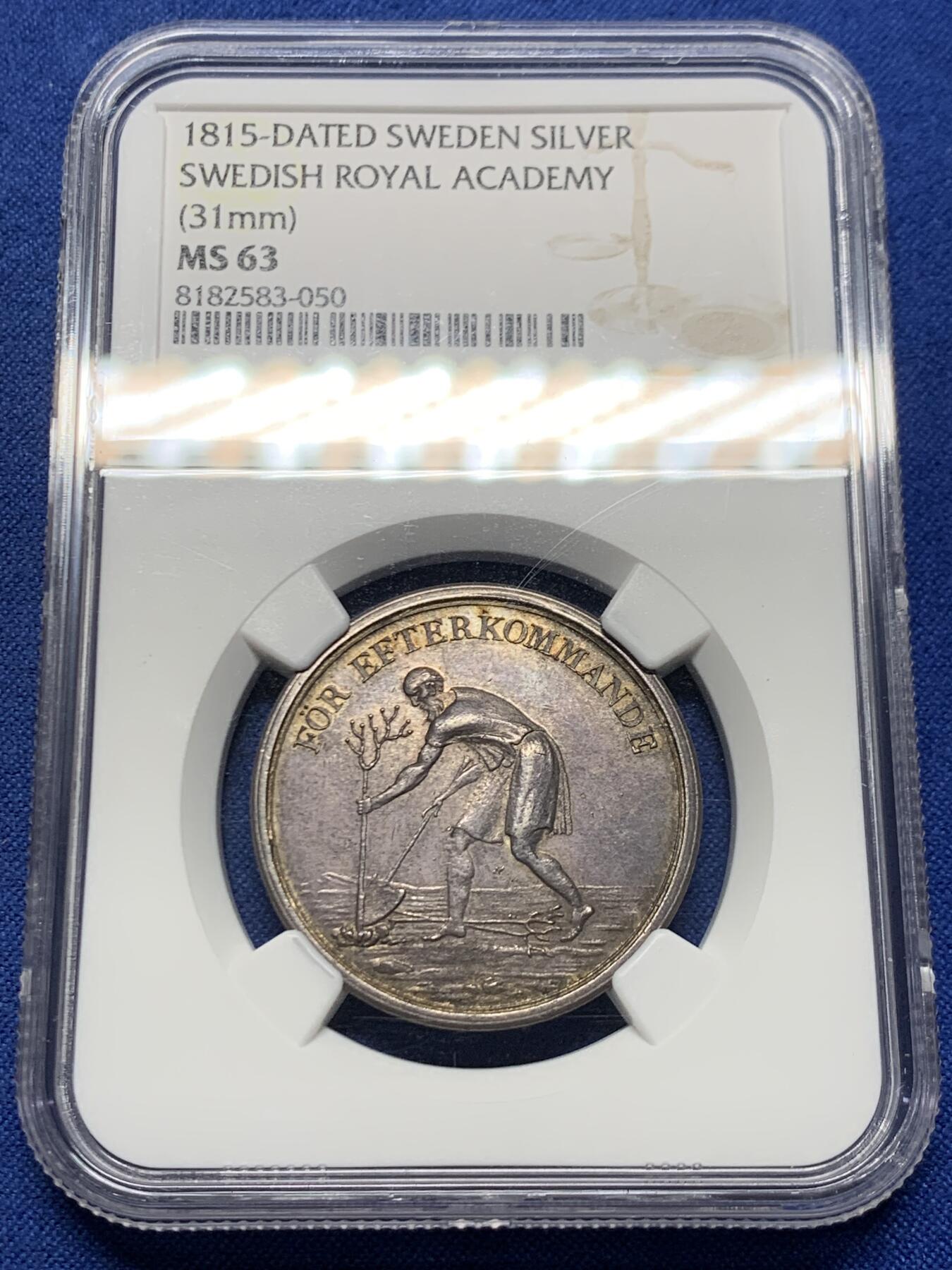 《竞宝斋》第457场 周日，周一，周二   3场连拍 （全场包邮）欢迎送拍 NGC MS63 瑞典1815皇家学院银章 31mm