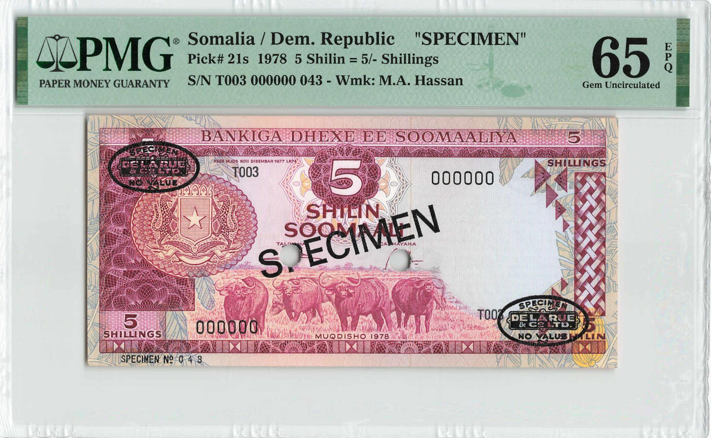 小福收藏拍卖第200期 【庆典场 中拍就有好礼相赠】评级币精选场 本期有捷克斯洛伐克20年100克朗慕夏作品大珍 69分倒置百位号布隆迪世界最大纸币  35年版加拿大经典 苏格兰格拉斯哥大学500年纪念钞倒置小号 卡塔尔80年100里亚尔冠军分 美国教育券 意大利拉斐尔 乌克兰 库克群岛 墨西哥 南斯拉夫 亚美尼亚等多国精美高分珍稀老钞精品纸币 索马里 1978年 5Shilin=5Shillings 先令 样钞 PMG65 EPQ