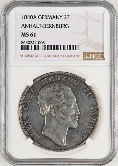 NGC-MS61 1840 安哈尔特-伯尔尼堡2泰勒银币 - NGC-MS61 1840 安哈尔特-伯尔尼堡2泰勒银币