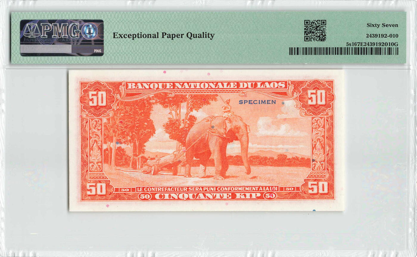 小福收藏拍卖第198期 评级币精选场  本期有菲律宾百位靓号100000比索超大纪念钞 苏里南25000盾花鸟版最高值 柬埔寨珍品56年50瑞尔 南越未发行版最高值打飞机  巴哈马彩背 老挝中国代印57年样钞 匈牙利 斯洛伐克 法罗群岛等多国精美高分珍稀老钞精品纸币 老挝 1957年 50基普 中国代印 少见样钞 PMG67 EPQ 亚军分